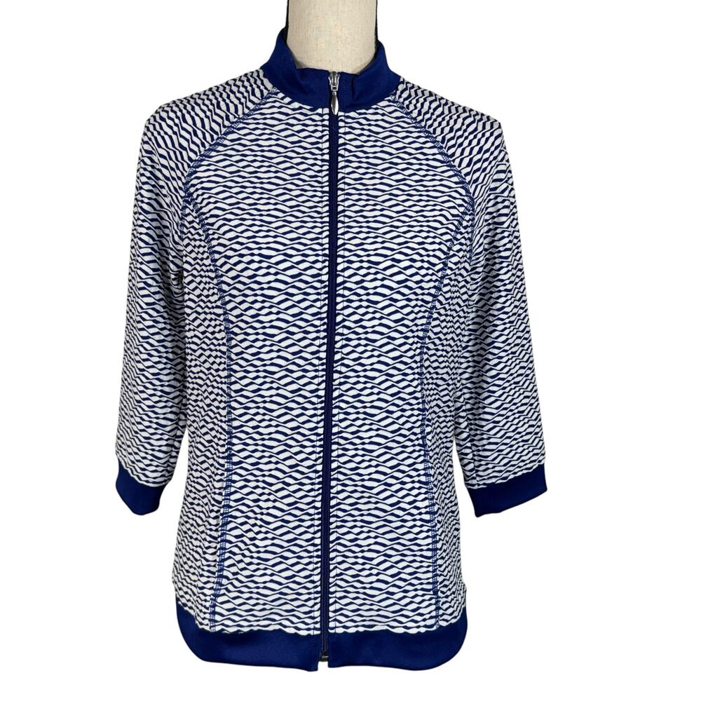 Weekends by Chico’s SZ 0 (Small) Jacquard Jacket Full-Zip Seaway Diamond Pockets